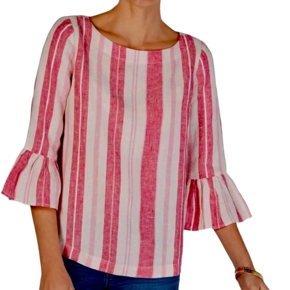 Charter Club Tops - Charter Club Pink Linen Striped 3/4 Ruffle Sleeves Casual Top Women’s XL